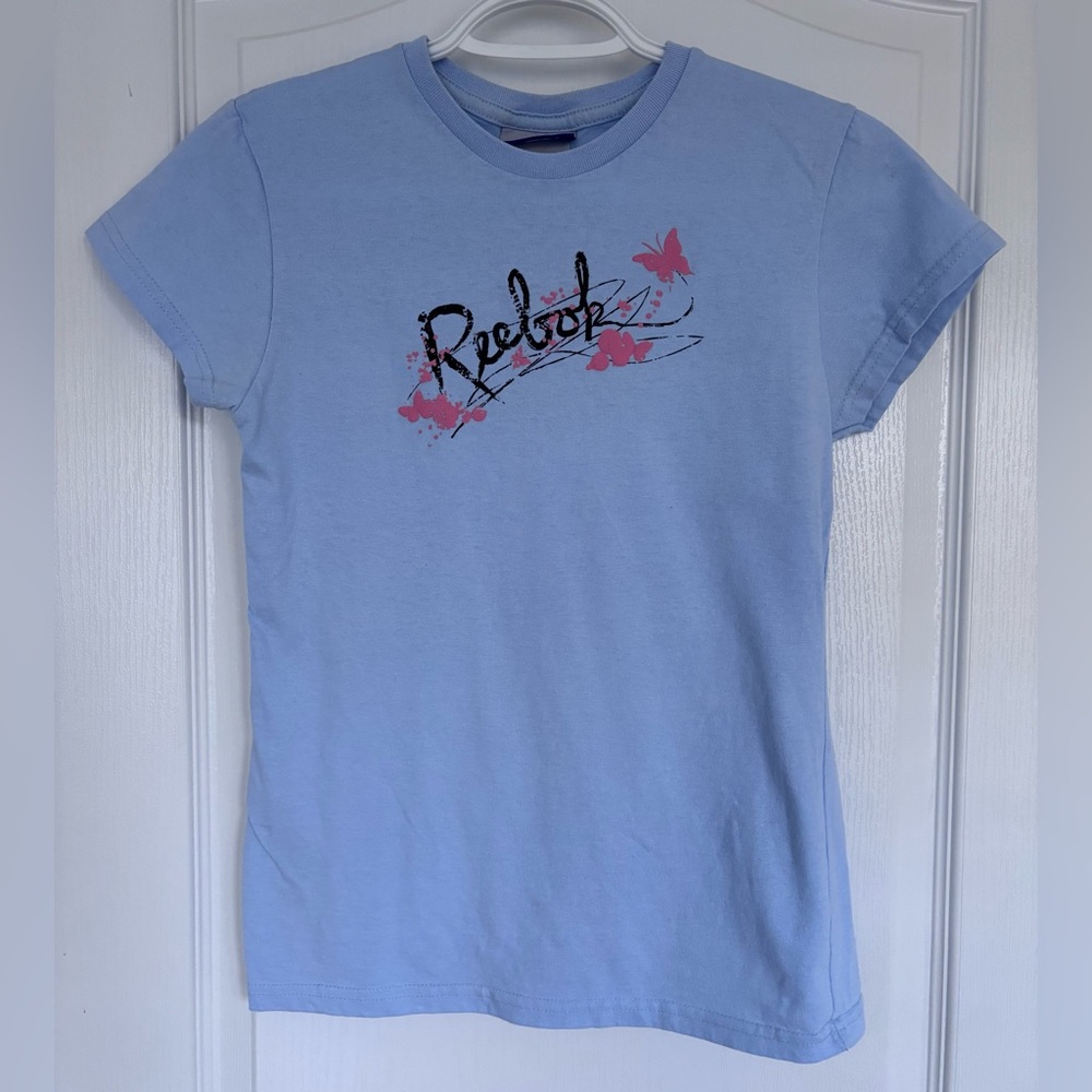 Reebok Light Blue Tee with Pink Butterflies Size S